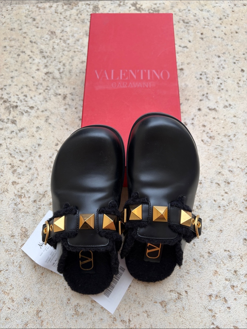 Valentino Black Leather Mules with Gold Pyramid Hardware